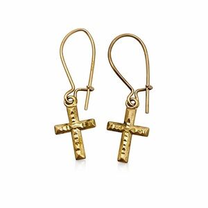 Artisan Handmade 10K Gold Cross Dangle Earrings Diamond Cut French Hook 0.48g